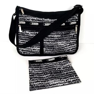 LeSportsac Delux Handbag Adjustable Strap Black White Logo with Pouch Expandible